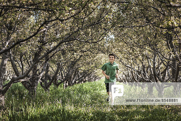 A boy running in a woodland tunnel of overarching tree branches.