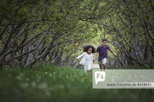 Two children running along a natural woodland tree branch tunnel.