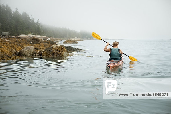 A man paddling a kayak on calm water in misty conditions. New York State  USA