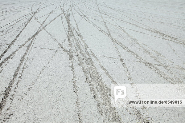Tyre marks and tracks in the playa salt pan surface of Black Rock Desert  Nevada.