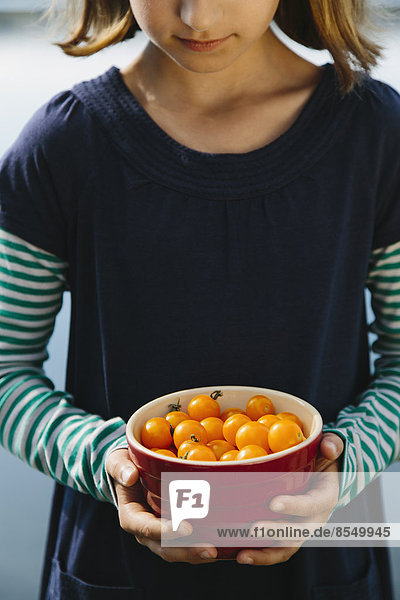 Nine year old girl holding bowl of organic yellow cherry tomatoes