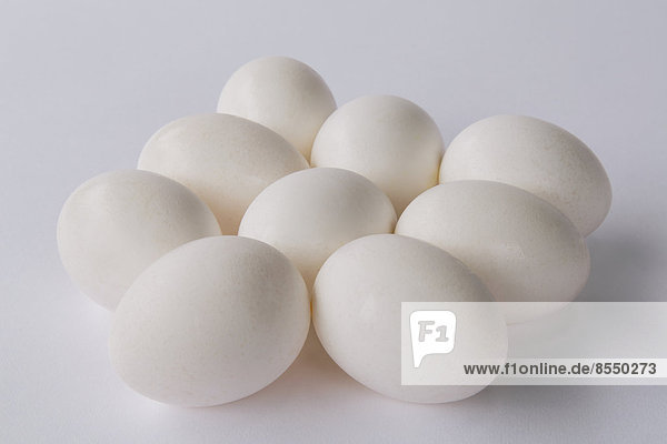 Eine kleine Gruppe oder ein Gelege von neun freilaufenden Bio-Eiern mit weißen Schalen vor weißem Hintergrund.