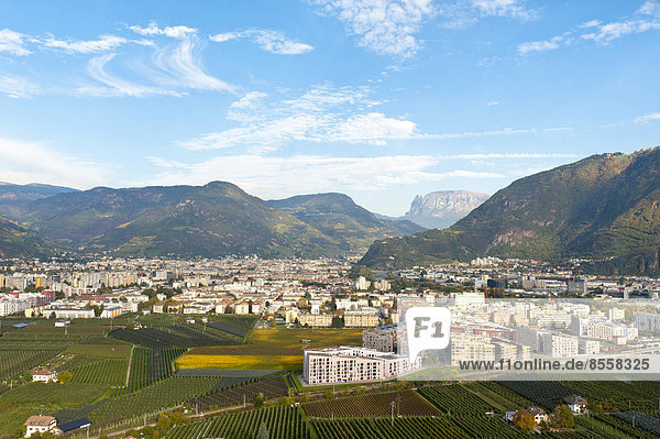 View from Schloss Sigmundskron Castle over the modern city of Bolzano  Bolzano  autonomous province of Alto Adige  Trentino-Alto Adige  Italy