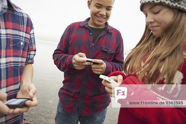 Ein Tagesausflug am Ashokan-See. Teenager  ein Mädchen und zwei Jungen  die SMS schreiben und auf ihre Handys schauen.