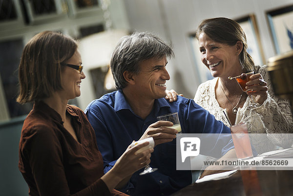 Three people meeting for a drink. Two women and a man sitting at a bar. Friends socialising.