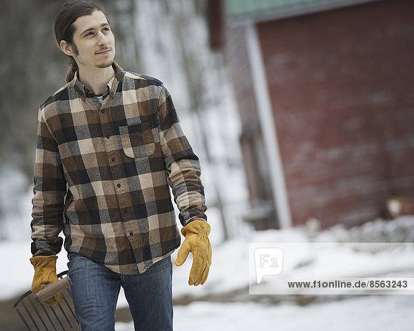 Ein Bio-Bauernhof im Winter im Bundesstaat New York  USA. Ein Mann in einem karierten Hemd geht über schneebedeckten Boden.