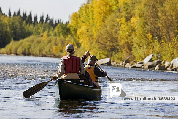Men rowing a canoe  Tanana River  near Fairbanks  Alaska  USA