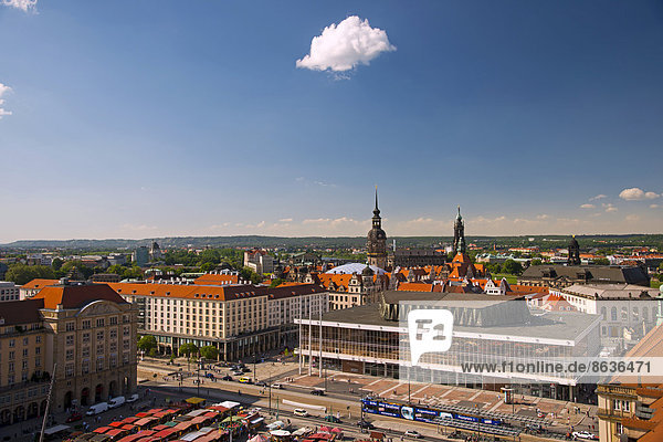 View from the Holy Cross Church over Altmarkt square and the Palace of Culture  towards Hausmannsturm tower and Dresden Cathedral  previously the Catholic Church of the Royal Court of Saxony  Dresden  Saxony  Germany