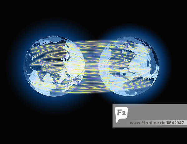 Zwei durch Lichtlinien verbundene Kugeln  die für globale Kommunikation stehen.