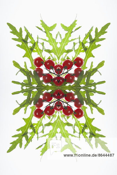 A digital composite of mirrored images of red currants and arugula leaves