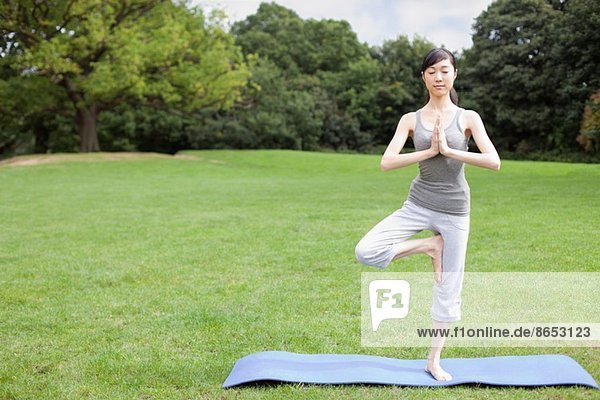 Junge Frau im Park praktiziert Yoga-Baum-Pose