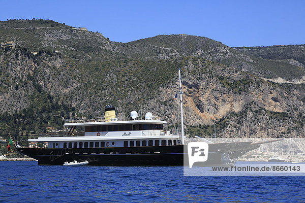Bilgin Yachts motor yacht M&M at anchor in front of Eze Bord de Mer  Maritime Alps  Provence Alpes Côte d'Azur  France