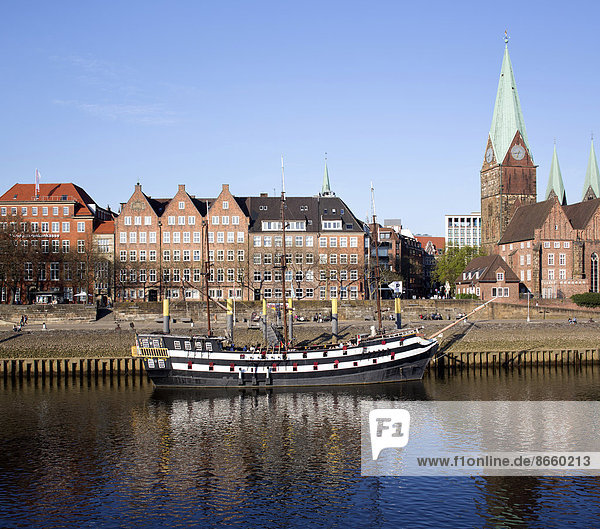 Office buildings and commercial properties along the Schlachte promenade of the Weser River  St. Martini's Church  Pannekoekschip Admiral Nelson frigate  Weser River  Bremen  Germany