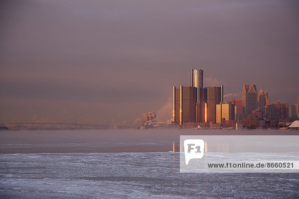 Downtown Detroit and the icy Detroit River  Detroit  Michigan  United States