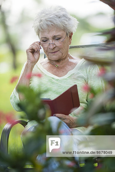 Außenaufnahme Senior Senioren benutzen Europäer Frau Tablet PC freie Natur