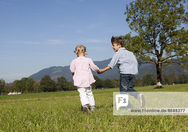 Zwei Kinder laufen in Wiese  von hinten