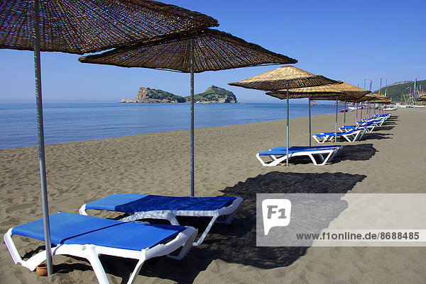 Beach with Sun Loungers and Beach Umbrellas  Mediterranean Sea  Southwestern Turkey