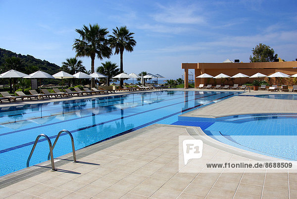 Swimming pool of a hotel with view to beach  Mediterranean Sea  Southwestern Turkey