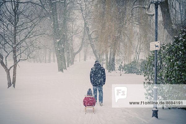 Vater zieht Schlitten mit Sohn im Schnee