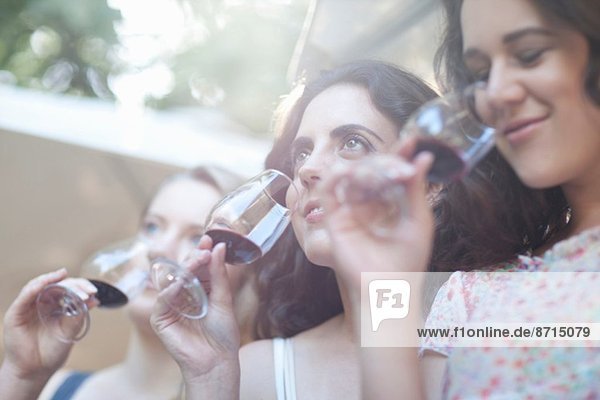 Junge Freundinnen beim Verkosten und Riechen von Wein im Weinberg