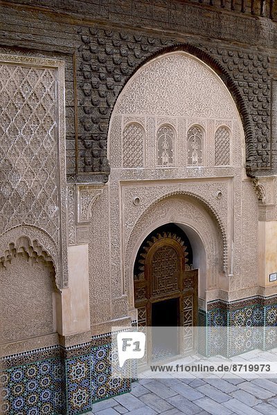 Intricate Islamic design at Medersa Ben Youssef  UNESCO World Heritage Site  Marrakech  Morocco  North Africa  Africa