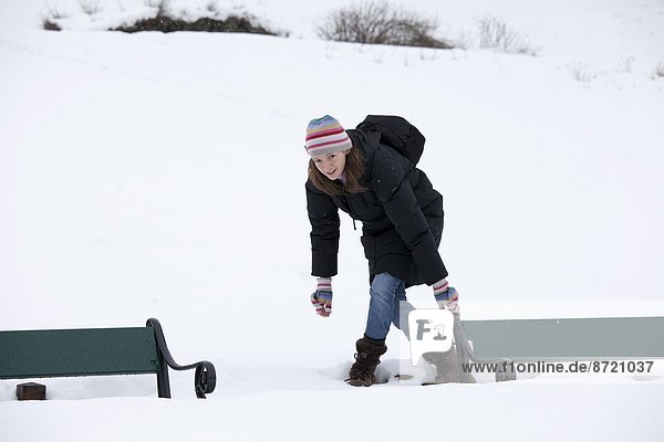 Frau  geben  Schnee  Sitzbank  Bank  Norwegen  jung  Verteidigung  tief  Tromso