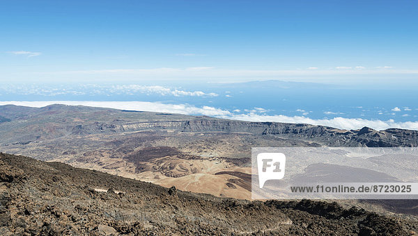 Vulkanlandschaft  Überblick vom Pico del Teide  3718m  auf Hochebene Llano de Uruanca  Parque Nacional de las Cañadas del Teide  Teide-Nationalpark  UNESCO Weltnaturerbe  Teneriffa  Kanarische Inseln  Spanien