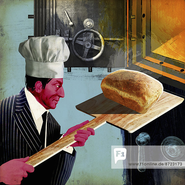 Geschäftsmann nimmt ein Brot aus einem Banktresor als Backofen