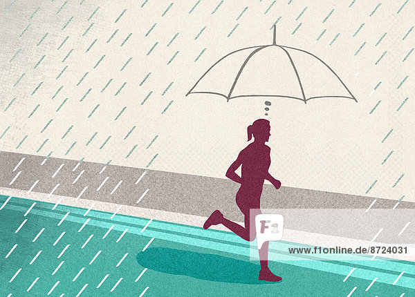 Durch den Regen laufende Frau denkt sich einen Regenschirm