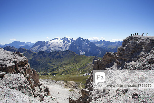 View towards Marmolada Glacier  Sass Pordoi Mountain  summit of Pordoi Pass  Sella Group  Dolomites  Trentino province  Italy