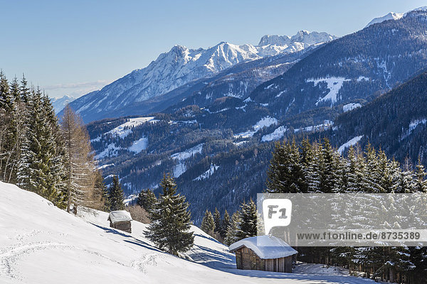 Winterlandschaft  Lesachtal  hinten die Karnischen Alpen  Kärnten  Österreich