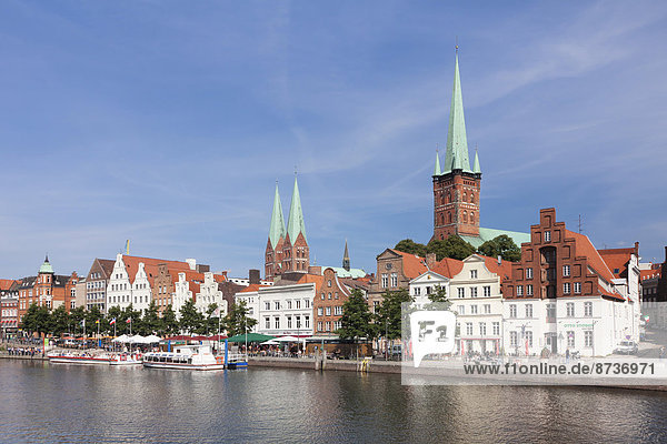 Stadttrave river or Trave River with the historic centre of Lübeck  Schleswig-Holstein  Germany