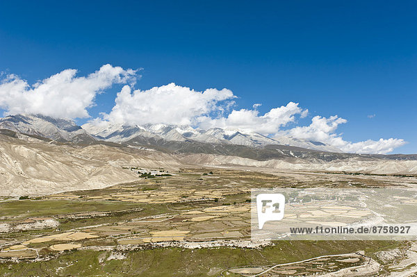 acreages agricultural agriculture daytime farmlands fields Himalaya landscape mountain landscape mountains mountains nature Nepal nobody outdoors travel photography Upper Mustang valley villages