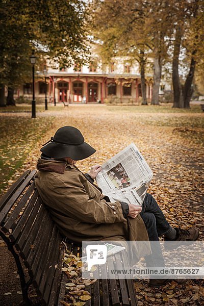 Senior man reading newspaper on park bench  Ronneby  Blekinge  Sweden
