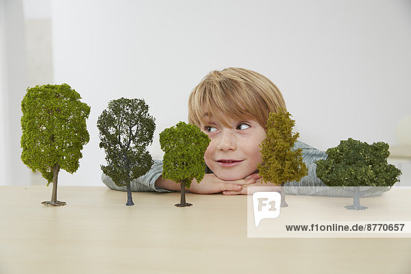 Deutschland  Junge am Tisch mit Baummodellen  Umweltschutz