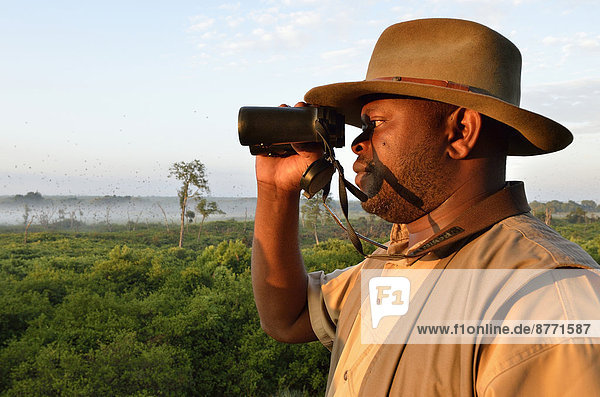 Einheimischer schaut durch Fernglas  Kasanka-Nationalpark  Sambia