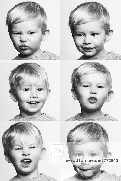 Sechs schwarz-weiße Portraits von einem kleinen Jungen  der ein Gesicht macht.