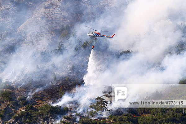 Helicopter dumping water during a forest fire  Tyrol  Austria