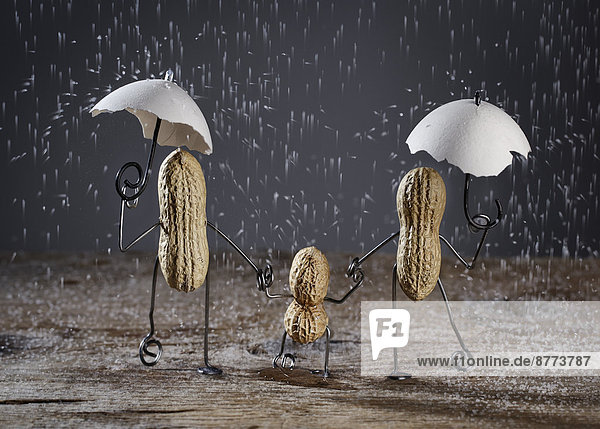 Drei Erdnüsse bauen Familie mit einem Kind im Regen aus Salzkörnern