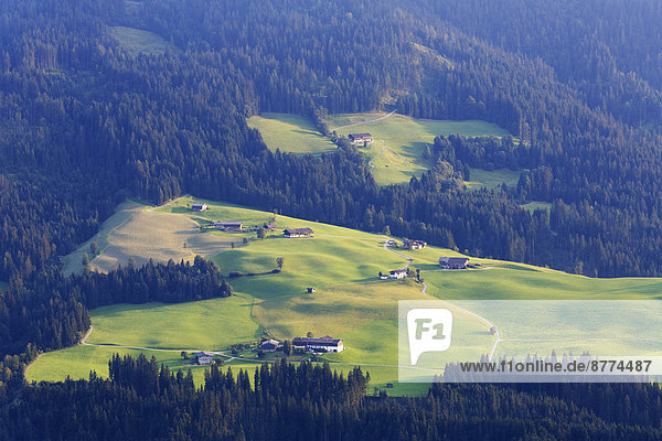Österreich  Tirol  Kitzbüheler Alpen  Blick von der Hohen Salve ins Brixental  Streusiedlung Grubenberg