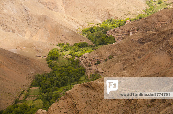 Marokko  Hoher Atlas  Ait Bougoumez Tal mit Dorf und Feldern