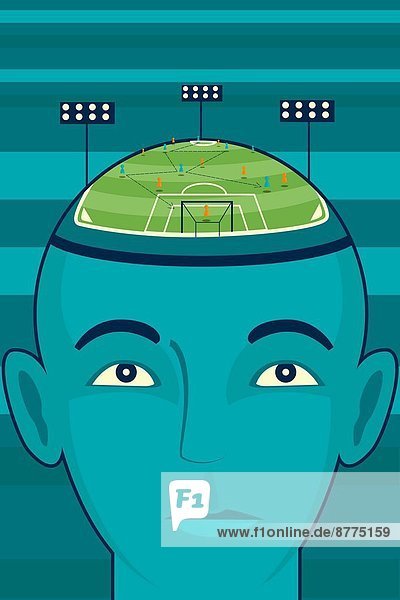 Illustrative image of businessman's head with soccer field representing business strategy.