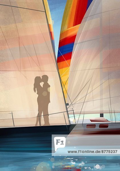 Illustration of couple's shadow kissing on yacht.