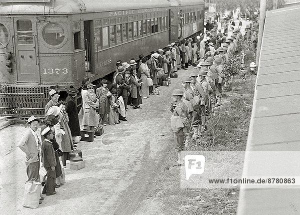 WW II  historical  war  world war  second world war  USA  person  Japanese origin  Japanese  California  Santa Anita  assembly  center  Arcadia  1942  evacuated  center  train  moved  transfer