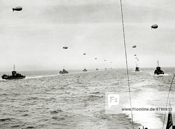 WW II  historical  war  world war  second world war  operation Overlord  Overlord  invasion  convoy  Landing Craft Infantry  LCI  landing crafts  sea  June  1944  cable  barrage balloon  English Channel  Normandy  France  Europe  allies  Allied Forces  D-Day