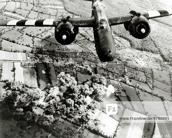 WW II  historical  war  world war  second world war  operation Overlord  Overlord  invasion  aerial  twin engine  US  bombers  A-20 G  Havoc Douglas  June  1944  airplane  bombardment  bombing  smoke  Le Molay-Littry  Balleroy  Normandy  France  Europe  allies  Allied Forces  D-Day