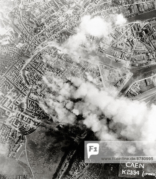 WW II  historical  war  world war  second world war  operation Overlord  Overlord  invasion  aerial  town  city  June  1944  bombardment  bombing  Caen  Normandy  France  Europe  allies  Allied Forces  D-Day