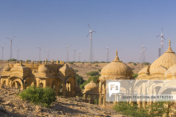 Tomb  Bada Bagh  Jaisalmer  Rajasthan  Asia  India  wind turbines  energy  wind turbines  power