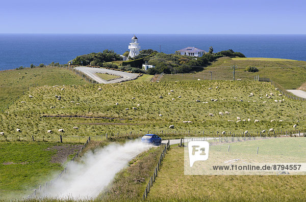 Auto fährt auf Schotterstraße zum Katiki Point Lighthouse Leuchtturm  Moeraki  Südinsel  Neuseeland