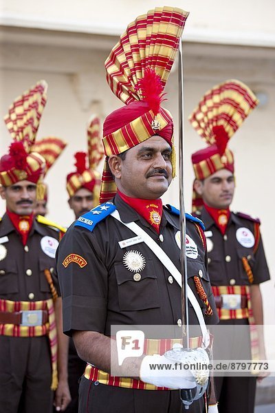 Jai Mewar ceremonial guard of 76th Maharana of Mewar  Shriji Arvind Singh Mewar of Udaipur  at the City Palace  Rajasthan  India
